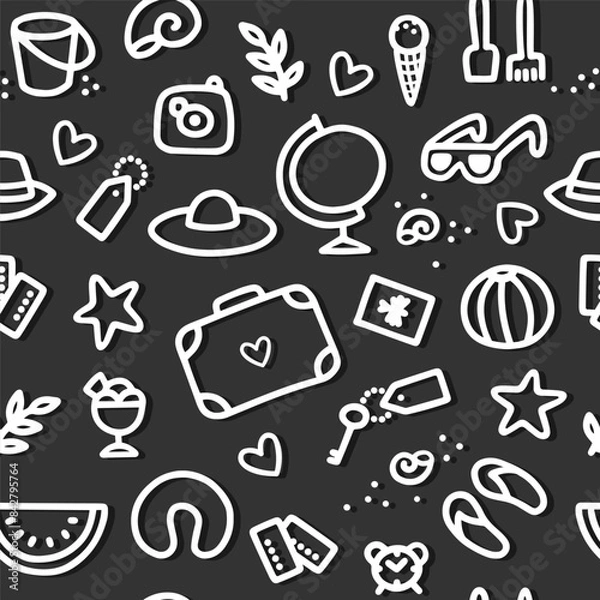 Fototapeta Messy white hand drawn travel vector seamless pattern with linear doodle elements on dark background 