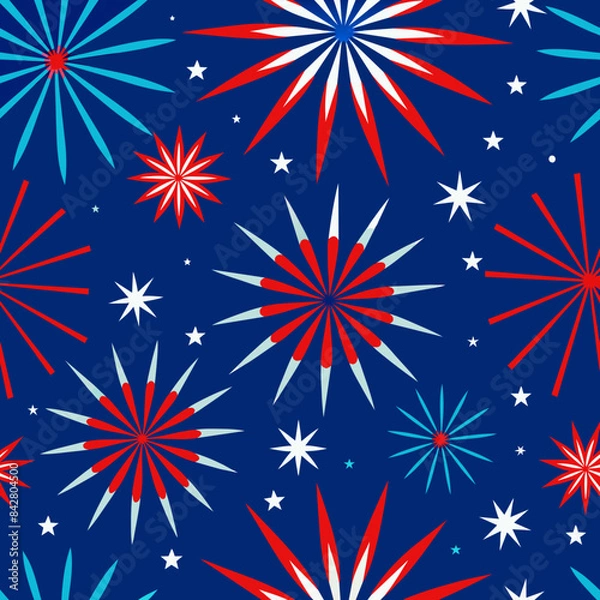 Obraz Various patterns and fireworks are scattered across a dark blue background, creating a vibrant and dynamic composition. 