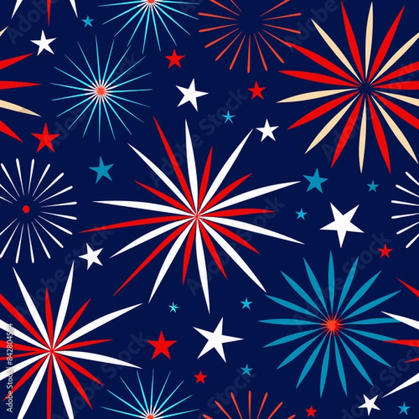 Fototapeta Various patterns and fireworks are scattered across a dark blue background, creating a vibrant and dynamic composition. 