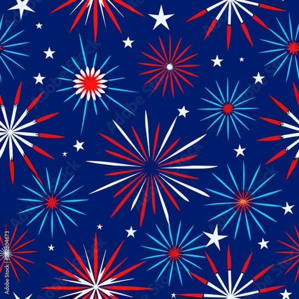 Obraz Various patterns and fireworks are scattered across a dark blue background, creating a vibrant and dynamic composition. 