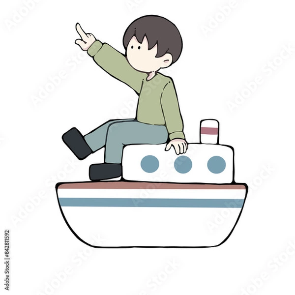 Fototapeta 船の上に乗って指を指している男性