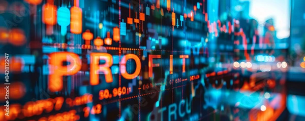 Fototapeta "Profit" text displayed over stock market charts and digital analytics, indicating financial growth and economic success.