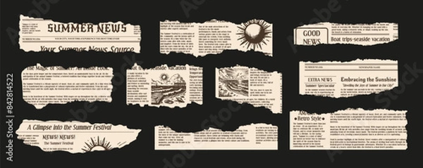 Fototapeta Trendy set of torn newspapers in the grunge style. A summer newspaper with uneven, jagged edges for collages. Retro elements for the design. Vector.