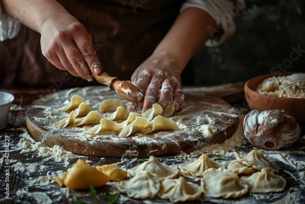 Fototapeta This photograph shows the cooking process of homemade dumplings with the hands of the chef framed in the scene.