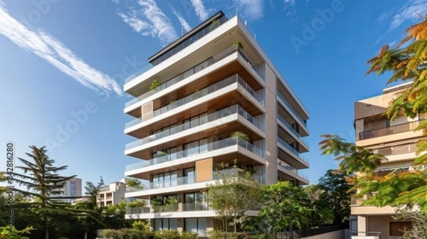 Fototapeta A tall building with a balcony and a tree in front of it