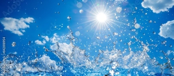 Obraz 青空の下で太陽と弾ける水の飛沫が描かれた爽やかな風景
