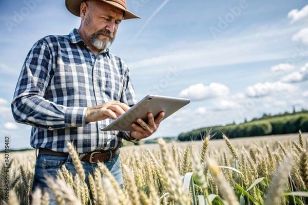 Fototapeta The agronomist uses software to process online data for digital farming. A farmer with a tablet computer in his hands stands in a wheat field.