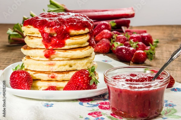 Obraz Pancakes with strawberry rhubarb jam