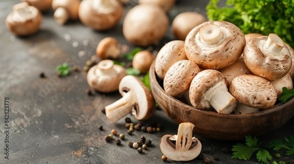 Fototapeta An advertisement of fresh Mushroom, that look delicious and nutritious, with space for text.	