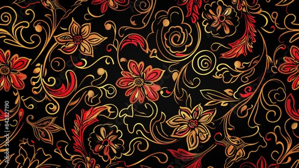 Fototapeta A black and gold floral patterned background with red flowers