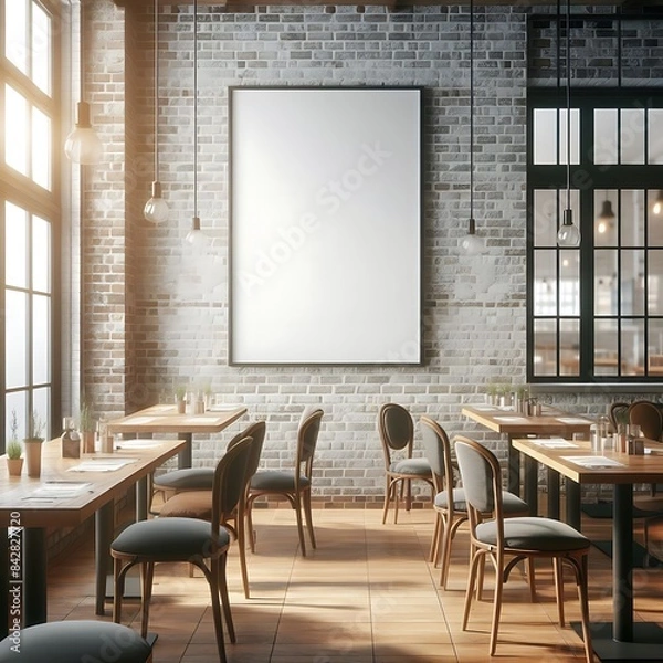 Fototapeta A space for restaurants cafe drinks and fast food room with poster mockup white combined with tables and chairs and a poster on the wall creative.