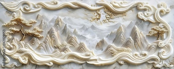 Obraz Stucco molding featuring misty mountains, serene style, soft earth tones, digital art, tranquil mood