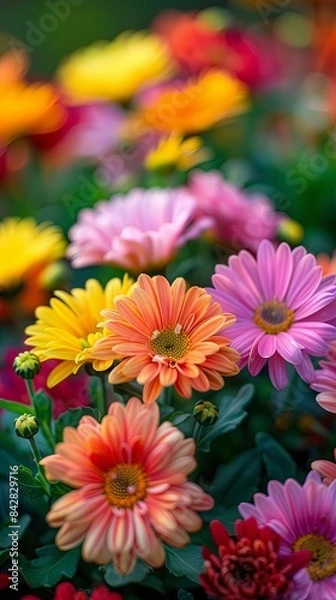 Fototapeta Benjamas flowers in the garden with beautiful chrysanthemums mums and chrysanths with a copy space image