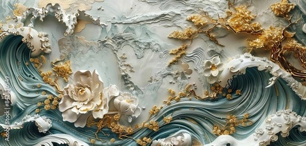 Obraz Volumetric stucco molding, Japanese motifs, gold accents, highdetail, moody lighting