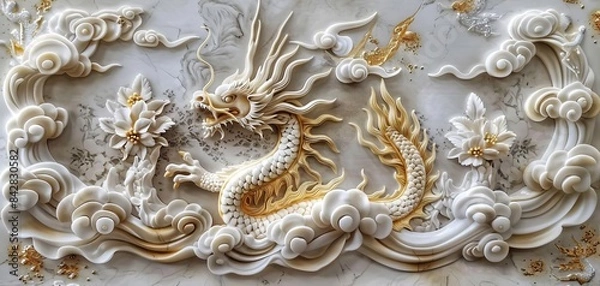 Fototapeta Volumetric stucco molding, Japanese motifs, gold accents, highdetail, moody lighting