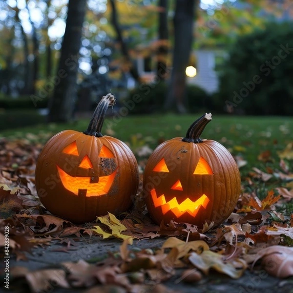 Fototapeta Two carved pumpkins with lit candles inside are resting in a bed of autumn leaves.