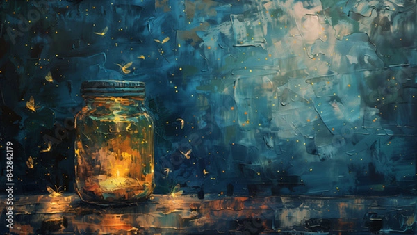 Obraz Summer Serenity: Vintage Oil Painting of Fireflies in a Jar