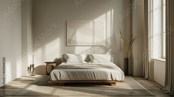 Fototapeta Elegant minimalist bedroom with a bed, a single piece of abstract art, and a small table.