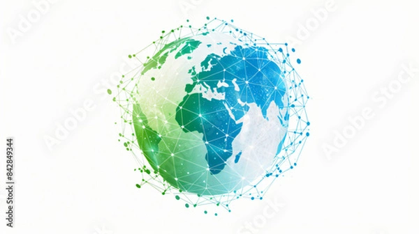 Fototapeta Stylized digital globe logo, featuring interconnected lines and dots to symbolize global connectivity and advanced technology, in cybernetic blue and digital green colors, white background