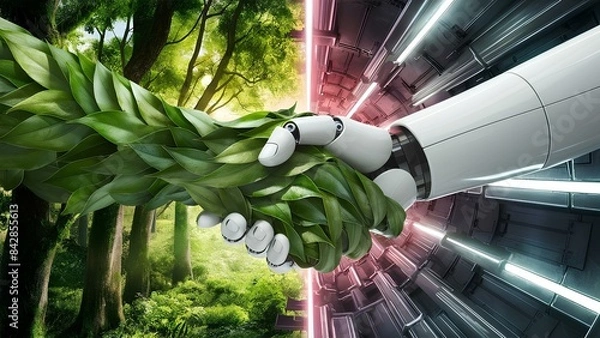 Fototapeta Nature Leaf Hand and Robotic Hand Reaching to Shake, Symbolizing the Fusion of Nature and Technology
