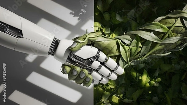 Fototapeta Nature Leaf Hand and Robotic Hand Reaching to Shake, Symbolizing the Fusion of Nature and Technology
