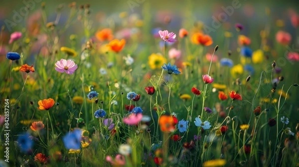 Fototapeta Meadow flowers with a variety of colorful blooms in a green field