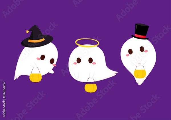 Fototapeta Cute ghost floating with Halloween pumpkin basket for Trick or Treat. Funny spooky boo character. Spook phantom with happy smiling face expression. Isolated kids flat vector illustration.