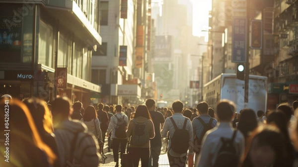 Fototapeta A diverse crowd of people moves through a lively, sunlit city street bustling with energy on a beautiful day.