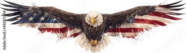 Fototapeta Majestic bald eagle with American flag wings soaring in flight, symbolizing freedom, patriotism, and strength. Inspirational imagery. independence day concept