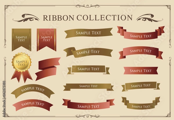 Fototapeta リボンの装飾デザインセットとアンティークな罫線やフレームデザイン
