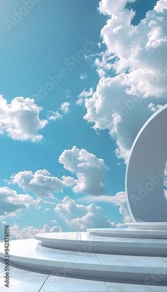 Fototapeta Contemporary architecture, modern art exhibition, 3D render, abstract futuristic background, blue sky, white round stage.