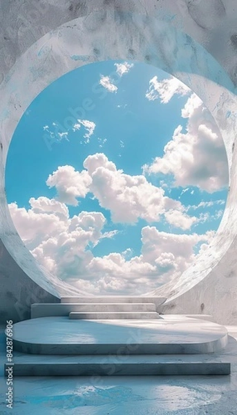 Fototapeta 3D render of an abstract futuristic background with an empty scene and blue sky, a white round stage for product presentation, contemporary architecture or a modern art exhibition