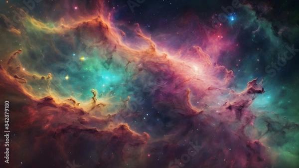 Fototapeta Colorful space galaxy cloud nebula. Stary night cosmos, close up of vibrant nebula in the night sky, view from outer space background, colorful abstract nebula space galaxy, fantastic supernova