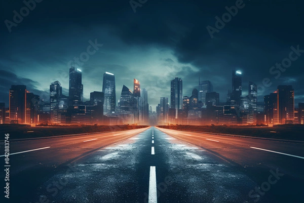 Obraz asphalt road leading into the city at night