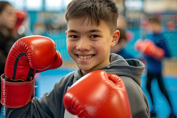Obraz Smiling teenager boy  in red boxing or kickboxing gloves during a lesson at a children's sports school. Generative AI.