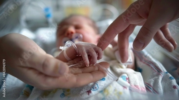 Fototapeta A tender moment of a newborn in an incubator, with tiny hands being gently held by adult fingers, conveying care and connection in a neonatal intensive care unit.