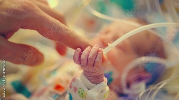 Fototapeta An intimate scene of a newborn in a neonatal intensive care unit, with a focus on the baby's small hand being gently held by an adult, symbolizing love and support.