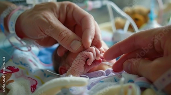Fototapeta A close-up of a premature baby's hand in an incubator, being touched by caring hands, highlighting the delicate nature of neonatal care in a hospital setting.