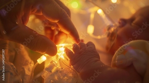 Fototapeta A touching moment of a newborn in an incubator, with tiny fingers grasping an adult's hand, illuminated by the soft glow of medical equipment in a neonatal intensive care unit.