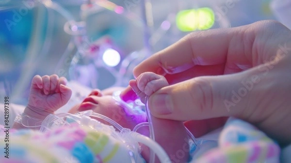 Fototapeta A close-up of a premature baby's hand in an incubator, holding onto an adult's finger, highlighted by gentle blue and purple lighting from the medical devices in a NICU.