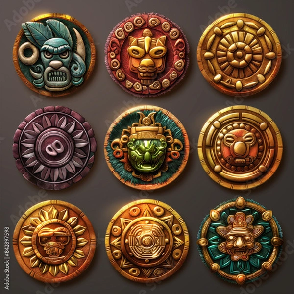 Fototapeta Asset of Aztec coins for mobile game or slot game, Illustration.