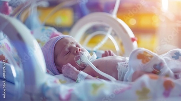 Fototapeta A newborn baby peacefully sleeping in an incubator, wrapped in a blue blanket, with a pacifier and breathing tubes, surrounded by soft toys, in a gentle hospital environment.