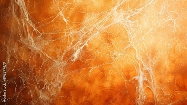 Fototapeta Bright Halloween themed background with shabby orange wall covered in spooky spider web