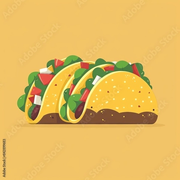 Fototapeta Three delicious tacos with fillings on yellow background.