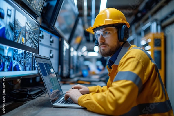 Obraz engineering systems. A maintenance engineer checks the system. Control block. Business and professions.