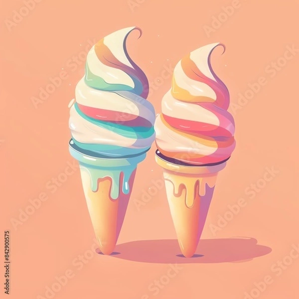 Fototapeta Two colorful ice cream cones with melting chocolate.