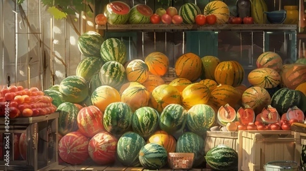 Fototapeta Picture a family gathering in the backyard with a variety of melon-based dishes. From salads to skewers, the sweet and savory uses of melons