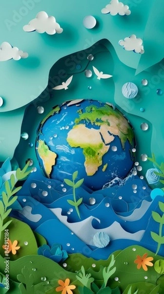 Fototapeta Ecology and world water day, Saving water and world Environment day, environmental protection and save earth water, Paper art
