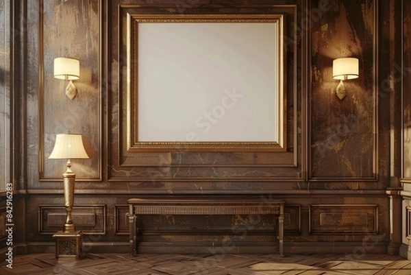 Fototapeta rustic and vintage dining room interior with warm chandeliers, golden ornaments on the walls.