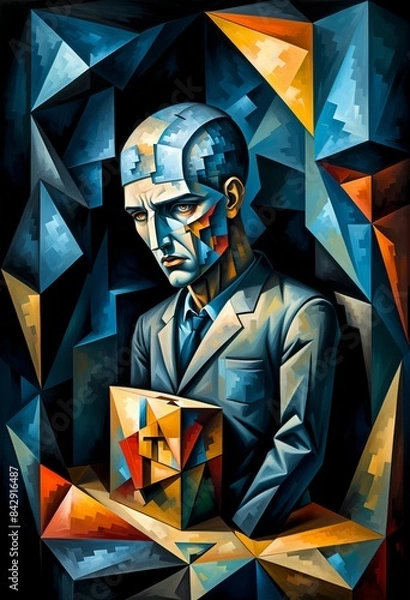 Fototapeta Own thoughts, Inspired by the art of cubism, a painting depicting the fight against depression and interpersonal relationships in the modern world. African modern abstract art